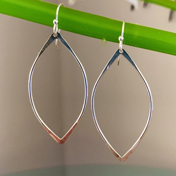 Large Sterling Silver Lotus Petal Shaped Hoop Earrings/Simple Oval Earrings/Classic Lightweight Marquise Hoops/Kimbajul/Kimba Jewelry