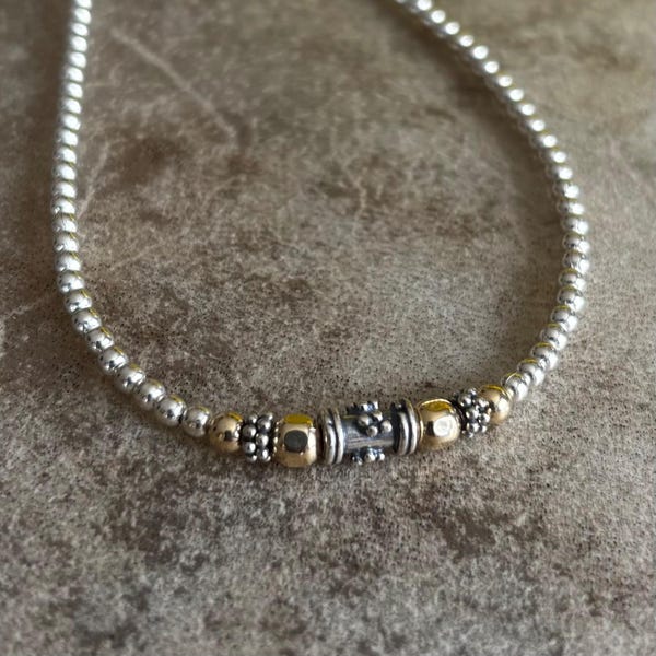 Sterling Silver Beaded Choker: Gold-Filled Copper Accent Necklace