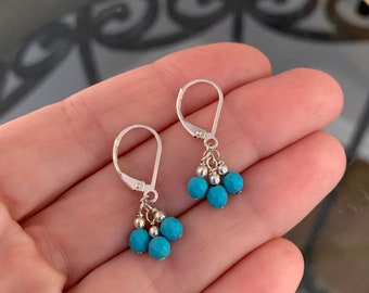 Dainty Turquoise Bead Dangle Earrings: Sterling Silver Petite Earrings