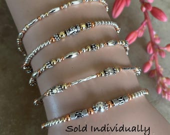 Sterling Silver Beaded Bracelet: Copper & Gold-Filled Accent Bracelet