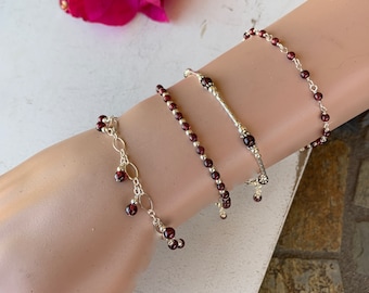 Garnet & Sterling Silver Beaded Bracelet: Root Chakra Stone, January Birthstone