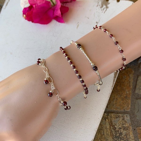 Garnet Beaded Bracelets/Root Chakra Stone Bracelets/January Birthstone Gift/Layering Bracelets/Stacking Bracelets/Kimbajul/Arizona