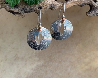 Saguaro Cactus Silver Disk Earrings/Desert Plant Dangling One of a Kind Sterling Earrings/Kimbajul/Kimba Jewelry/Handcrafted Arizona