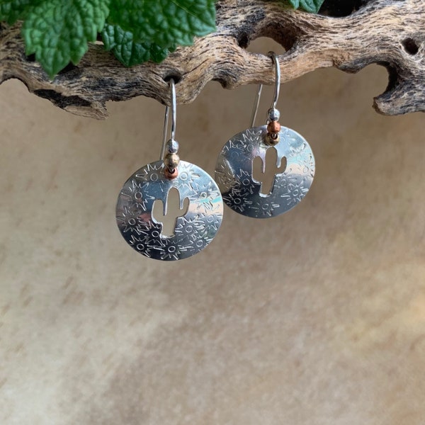 Saguaro Cactus Silver Disk Earrings/Desert Plant Dangling One of a Kind Sterling Earrings/Kimbajul/Kimba Jewelry/Handcrafted Arizona