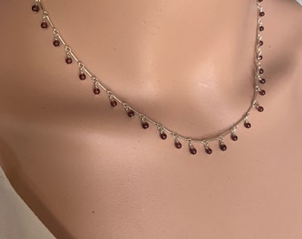 Dangling Sterling Silver and Garnet Choker Necklace/Burgundy Red Maroon Bead Fringe Necklace/January Birthstone Gift/Dainty Jewelry Kimbajul