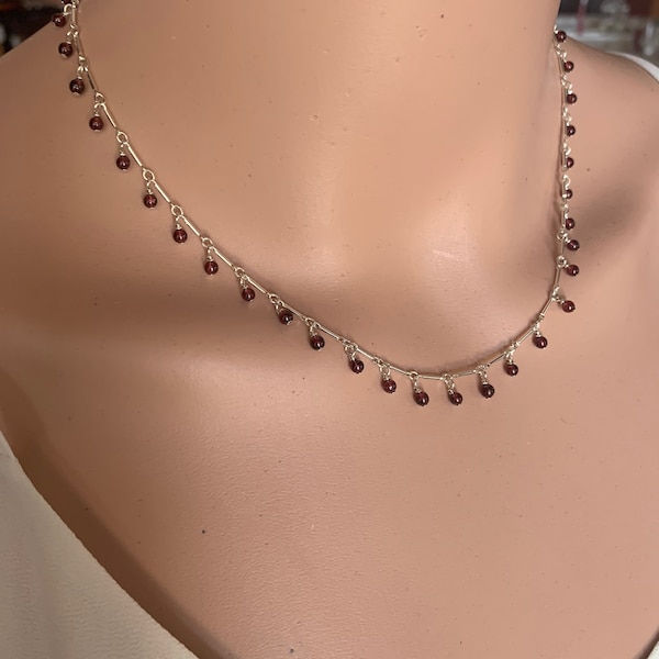 Dangling Sterling Silver and Garnet Choker Necklace/Burgundy Red Maroon Bead Fringe Necklace/January Birthstone Gift/Dainty Jewelry Kimbajul