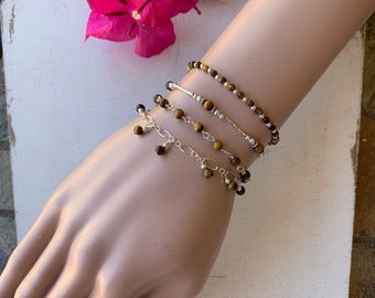 Tiger Eye Beaded Bracelet: Sterling Silver Gemstone Stacking Bracelet