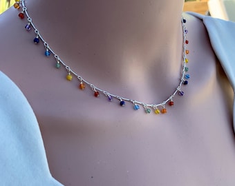 Chakra Bead Dangling Choker/Colorful Layering Necklace/LGBTQ Rainbow Necklace/Multi Stone Lightweight Chain/Kimbajul/Kimba/Arizona