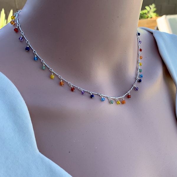 Chakra Bead Dangling Choker/Colorful Layering Necklace/LGBTQ Rainbow Necklace/Multi Stone Lightweight Chain/Kimbajul/Kimba/Arizona