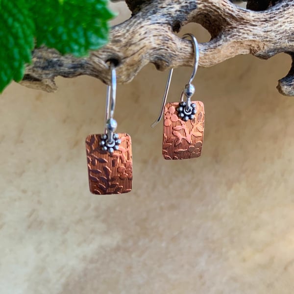 Small Flower Motif Copper Metal Rectangle Dangling Earrings/Petite Textured Copper Earrings/Petite Handmade Square Copper Earrings/Kimbajul