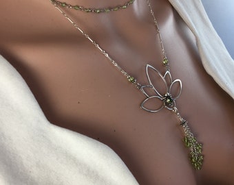 Peridot Stone Bead Link Choker/ Lime Green Necklace/Silver Lotus Flower Pendant with Removable Beaded Tassel/August Birthstone/ Kimbajul