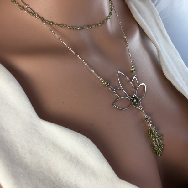 Peridot Stone Bead Link Choker/ Lime Green Necklace/Silver Lotus Flower Pendant with Removable Beaded Tassel/August Birthstone/ Kimbajul