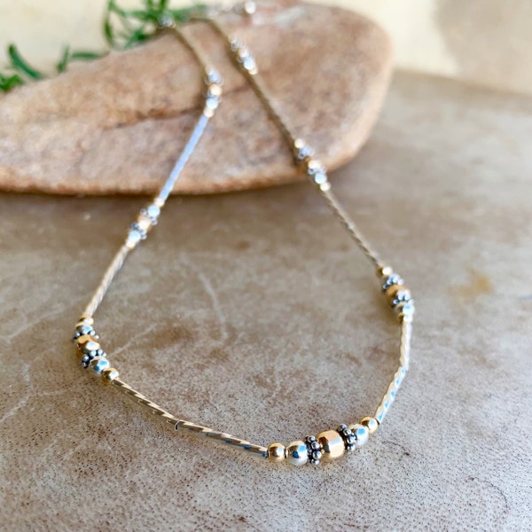 Sterling Silver & 14kt Gold Filled Choker: Two Tone Beaded Necklace