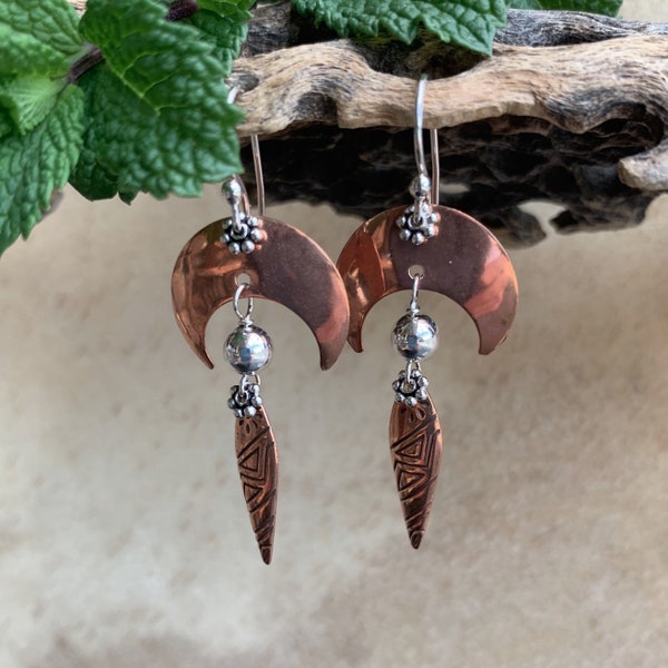 Copper and Silver Dangling Earrings/Crescent Moon with Tribal Dangle Drops/Lightweight Mixed Metals Earrings/Heaven to Earth/Kimbajul/Kimba