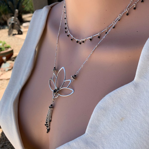 Black Onyx Layered Necklaces/Lotus Flower Statement Necklace/Dainty Blk Onyx Dangle Choker/Rebirth Symbol/Buddism/Kimbajul/Kimbagirl/Arizona