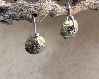 Mixed Metal Disk Earrings: Sterling Silver French Wire, Brass & Copper