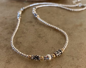 Silver & Gold Beaded Choker Necklace/Two Tone Sterling And Gold Filled Everyday Chain Necklace/Bali Bead Necklace/Layering Choker/Kimbajul