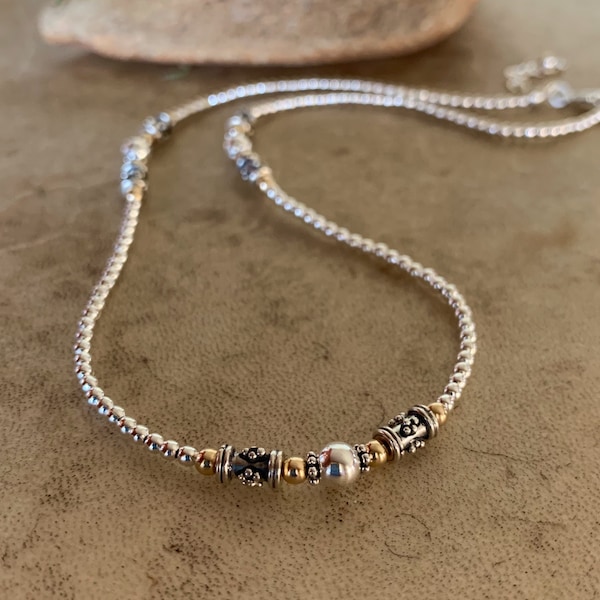 Silver & Gold Beaded Choker Necklace/Two Tone Sterling And Gold Filled Everyday Chain Necklace/Bali Bead Necklace/Layering Choker/Kimbajul