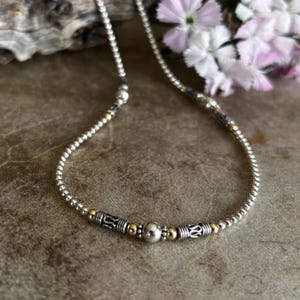 Sterling Silver Beaded Choker: Gold-Filled Accents, Sterling Handmade Bali Tube Beads, Two-Tone Necklace