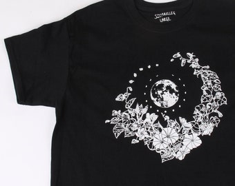 Moon Cycle T-Shirt - Moon Flower Screen Print on Black Shirt