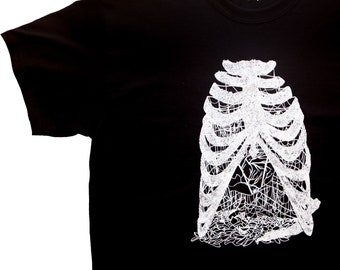 Suspension T-Shirt - Screen Print of Ribs with Heart in Spider Webs on Black Shirt