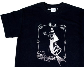 Mermaid T-Shirt - Screen Print on Black Shirt Tee Mystical Ocean Black and White Tattoo Paranormal Occult Witchy Shark Octopus Pirate Pieces