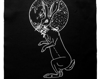 Familiar Back Patch - Jackrabbit with Scorpion and Moon on Black Cotton Canvas Witch Nocturnal Occult Wicca Witchcraft Aesthetic Hare Desert