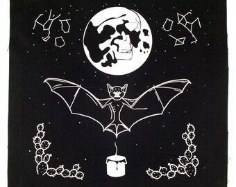 Summer Solstice Back Patch - Print on Black Cotton Canvas Moon Bat Candle Astrology Witchy Nocturnal Occult Wicca Witchcraft Skull Aesthetic