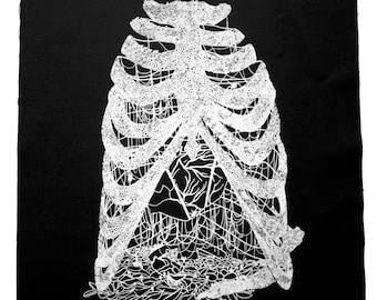 Suspension Back Patch - Screen Print of Ribs with Heart in Spider Webs on Black Cotton Canvas Patch