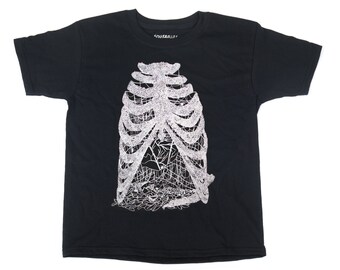 Kids' Suspension T-Shirt - Ribs, Spiders, Heart Print on Black Cotton Shirt