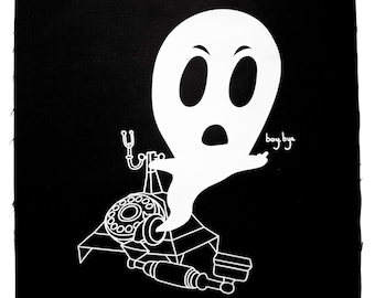 Ghosted Back Patch - Screen Print of Ghost and Telephone on Black Cotton Canvas Patch