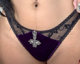 Purple velvet thong, gothic lingerie, sexy lingerie, women’s lingerie, spooky lingerie, purple lingerie, gifts for women, thong