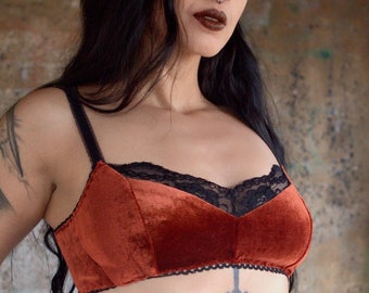 Rust Colored Velvet and Lace Bralette, Vintage Style Lingerie, Sizes XS-XXL