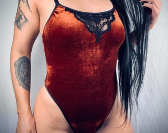 Rust colored velvet high cut bodysuit, velvet bodysuit, pole dancing apparel, women’s lingerie, Fall lingerie, gifts for women