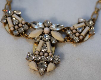 J Crew Necklace, Antique Gold & Cream, Bib Necklace, Rhinestones