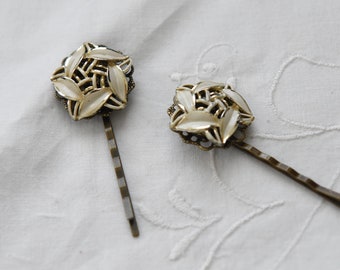 Creamy White Enamel Hair Pins, Leaves, Vintage Clip On Earrings, Repurposed, Bridal Hair Accessories, Fun Hair Style