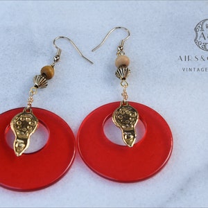 Red Lucite Hoop Earrings, VINTAGE earrings, Wooden Beads, Boho Earrings, Repurposed Jewelry, Fun Colourful Earrings, Beach Jewelry, Hoops