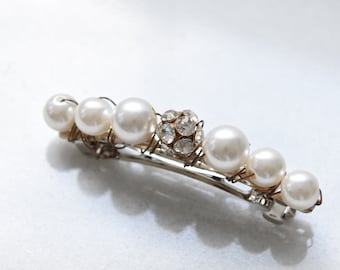 Pearl & Gold Rhinestone Barrette, Handwired, Antique Gold Wire, Matte Pearl, Gold Rhinestone, Vintage Hair Clip, Special Occasion Accessory