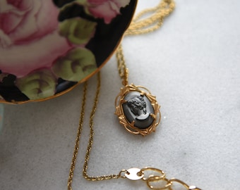 Matte Hematite Cameo Necklace, Slate Gray, Double sided Pendant, Gold Setting, Victorian Style