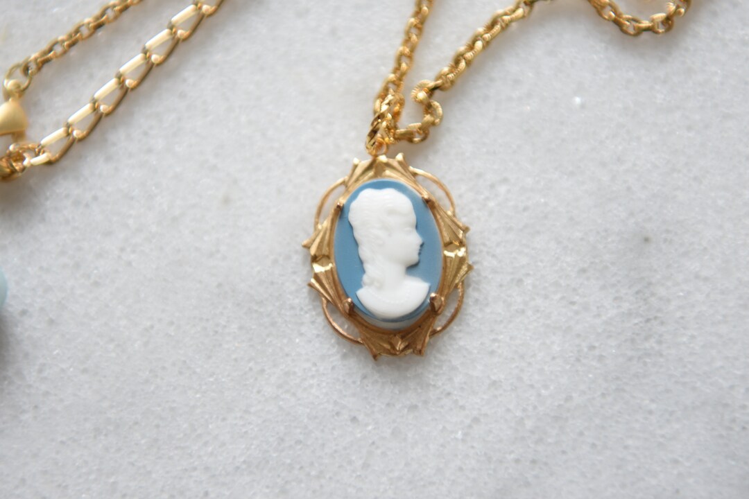 Cameo Necklace, Wedgewood Blue and White, Victorian Pendant, Gold Setting Etsy