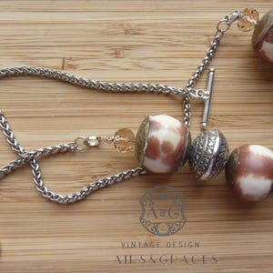 Artisan Large Bead Necklace, Oversize Brown Tribal Beads, Silver Wheat Chain, Repurposed Elements