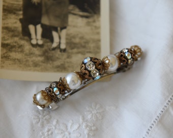 Pearl & Gold Rhinestone Barrette, Handwired, Antique Gold Wire, White Pearls, Gold Filigree, Vintage Rhinestones, Special Occasion Accessory