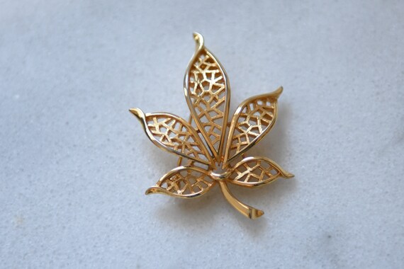 Vintage Gold Leaf Brooch, Filigree Metal, 5 Leave… - image 2