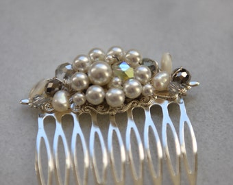 Vintage Crystal Beaded Formal Hair Comb, Pearl & Rhinestone Hair Comb , Bridal Hair Accessory