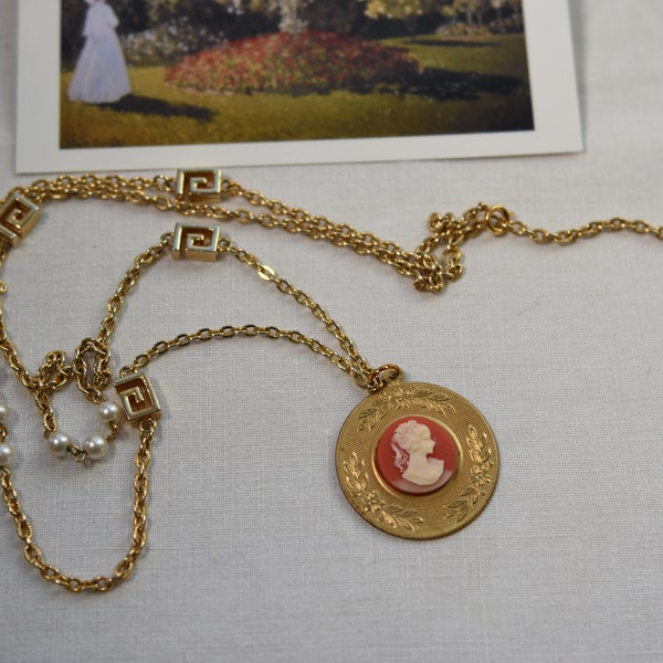 Round Cameo Necklace, White on Terra Cotta, Woman Silhouette, Very Long Vintage Gold Chain, Reimagined, One of a Kind,  Victorian