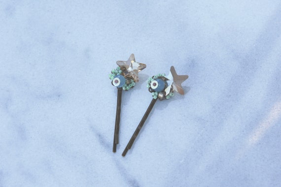 Blue Crystal star hair pin TRIPLE STAR Quartz Hair Clip, Crystal Witchy Hair Pin  main image 2