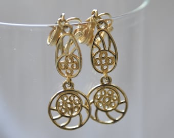 Vintage Gold Drop Earrings, Clip on Earrings, Circles, Long Drop Earrings