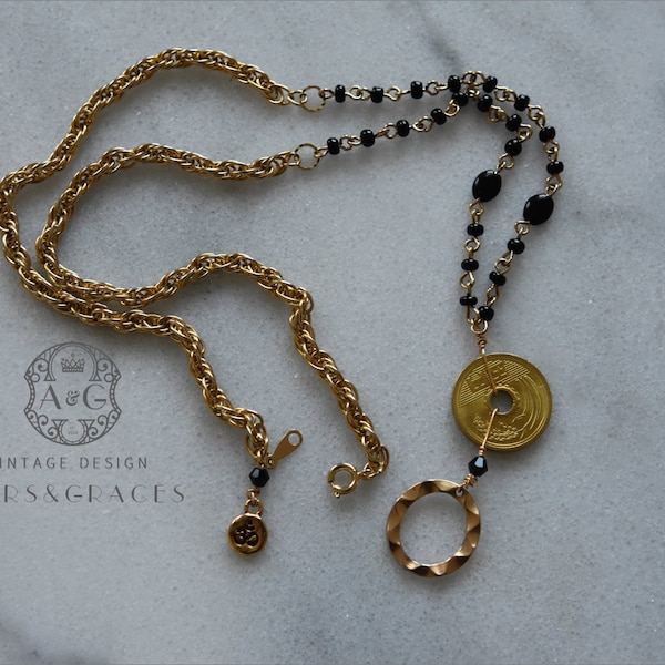 Japanese Coin Necklace, Assemblage Necklace, Unique Gift for Woman, Black and Gold Necklace, Black Beads, Coin Jewelry, Repurposed Necklace