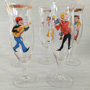 Set of 5 illustrated vintage glasses 1950s 1960s