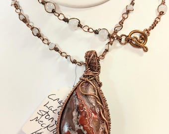 Wirewoven Copper Bezel Surrounds a Gorgeous Crazy Lace Agate Natural Stone on a Handmade Copper Beaded Chain